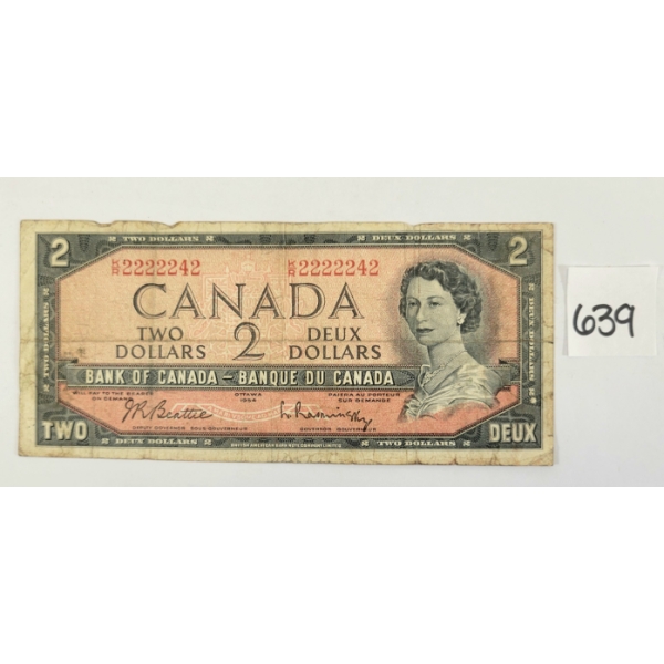 1954 CDN $2 BANKNOTE - ALMOST SOLID S/N