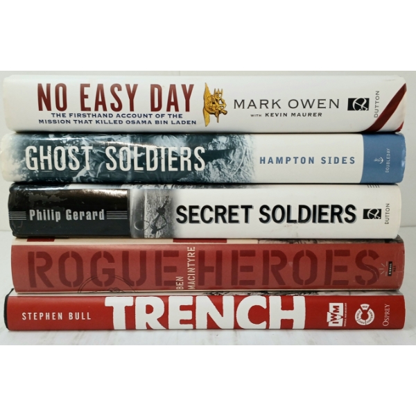 LOT OF 5 - MIXED MILITARY BOOKS - "NO EASY DAY", "GHOST SOLDIERS", "ROGUE HEROES", ETC