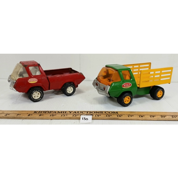 LOT OF 2 - TONKA PRESSED STEEL BEDFORD STAKE DUMP & PICKUP TRUCKS
