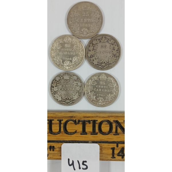 LOT OF 5 - 1880-1916 CDN SILVER 25 CENT COINS 