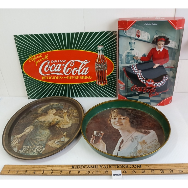 LOT OF 4 - PEPSI-COLA & COCA-COLA TIN TRAYS, SST SIGN & MATTEL BARBIE