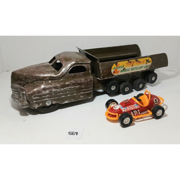 LOT OF 2 - BUDDY L PRESSED STEEL MOBILE ARTILLERY UNIT & PLASTIC RACE CAR