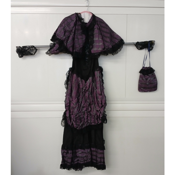 WOMEN'S TAFETTA SALOON GIRL COSTUME DRESS W/ SHAWL & HANDBAG