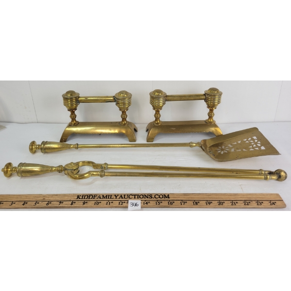 LOT OF 4 - BRASS FIREPLACE ACCESSORIES - INCL PAIR OF FIRE IRONS