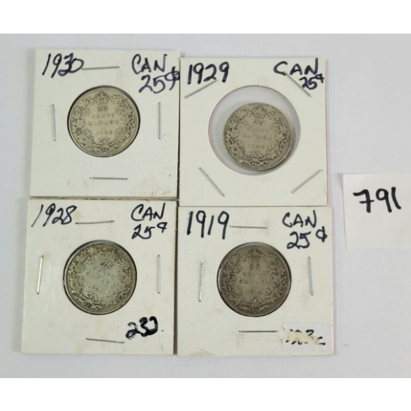 LOT OF 4 - 1919, 1928-1930 CDN 25 CENT SILVER PCS