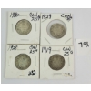 LOT OF 4 - 1919, 1928-1930 CDN 25 CENT SILVER PCS