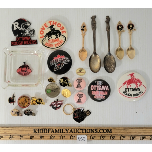 JOB LOT - OTTAWA ROUGH RIDERS FOOTBALL COLLECTIBLES - PINS, KEY CHAINS, SPOONS, ETC