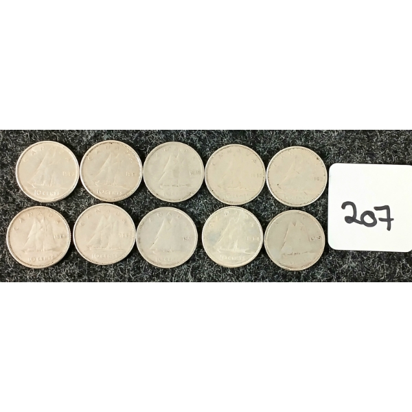 LOT OF 10 - 1945-1965 CDN 10 CENT COINS