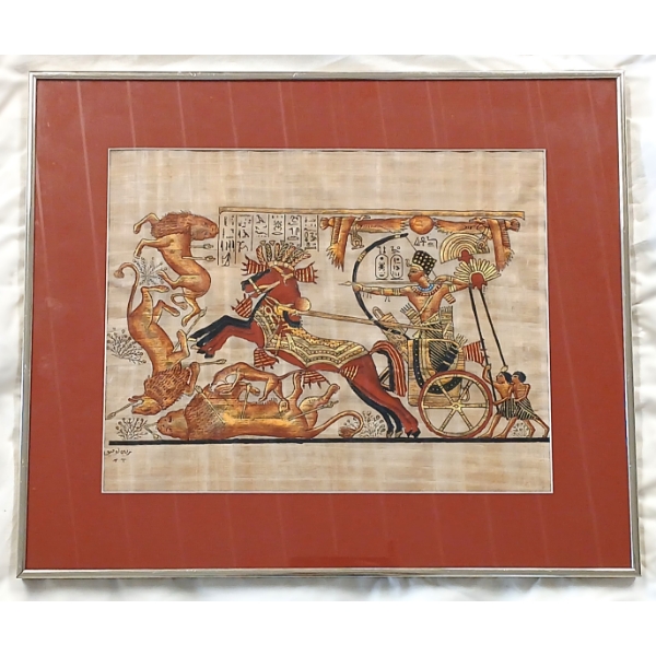 CHARIOT HUNTING SCENE MURAL - FRAMED MIXED MEDIA ON PAPYRUS