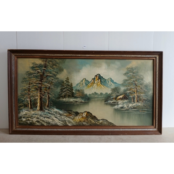 SNOWY MOUNTAIN LANDSCAPE BY G. WHITMAN (POST WAR AMERICAN ARTIST) - FRAMED OIL ON CANVAS