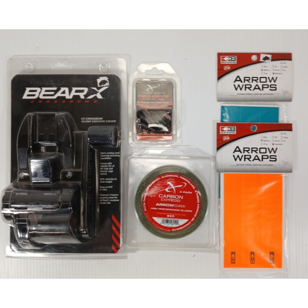 LOT OF 5 - BEAR X EZ CROSSBOW SILENT CROCKING CRANK, ARROWSAW, FIELD POINTS, ETC
