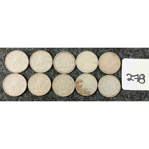 LOT OF 10 - 1961-1964 CDN 10 CENT COINS