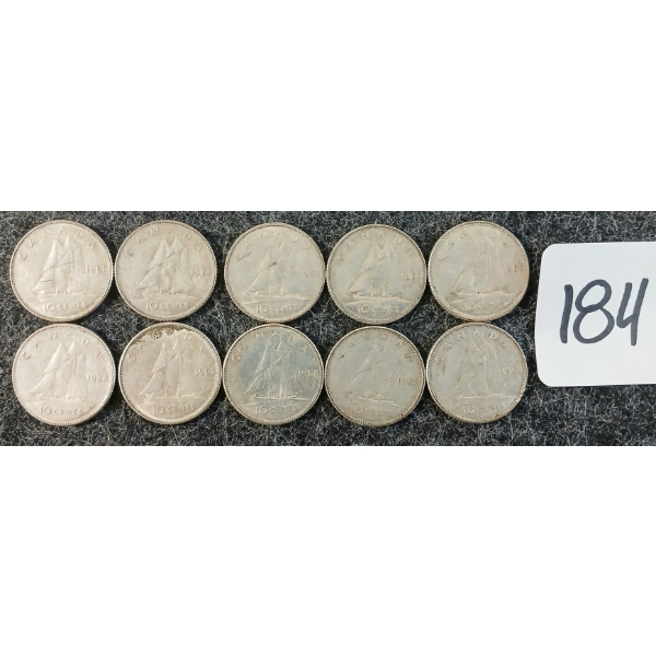 LOT OF 10 - 1968 CDN 10 CENT COINS