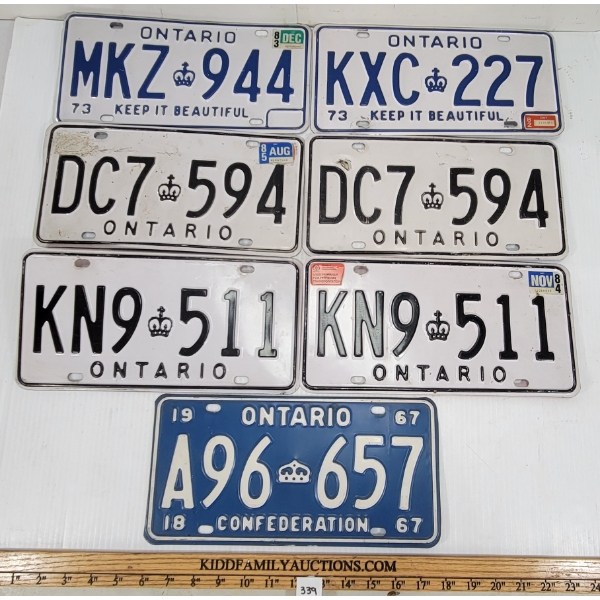 LOT OF 5 - ONTARIO LICENCE PLATES - INCL PAIRS OF '84 & '85, ETC.