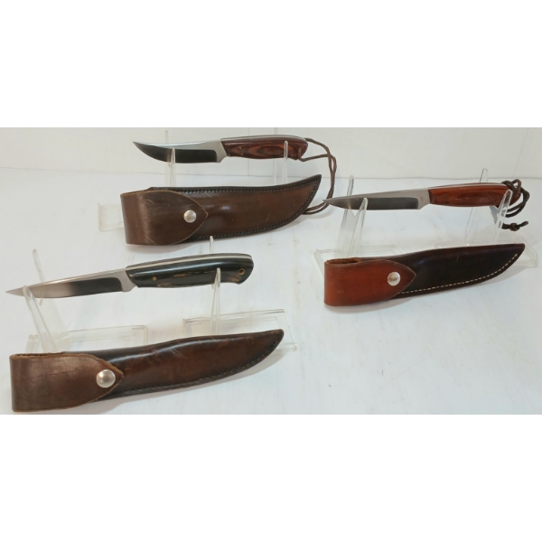 LOT OF 3 - POST KNIVES W/ LEATHER SHEATHS