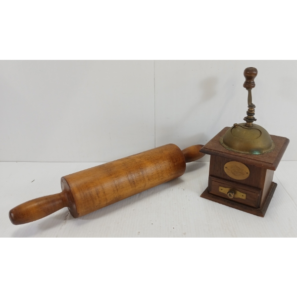 LOT OF 2 - GERMAN COFFEE GRINDER & WOODEN ROLLING PIN