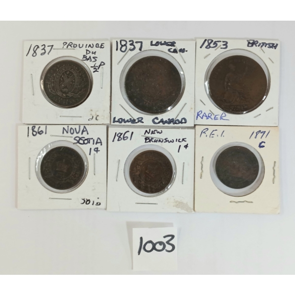 LOT OF 6 - 1837-1891 CDN & BRIT LARGE FULL & HALF CENTS - INCL LOWER CANADA, NOVA SCOTIA, ETC