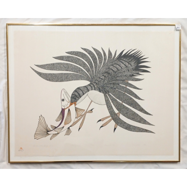 "BIRD WITH LARGE FISH" BY AOUDLA PUDLAT(1951 - 2006) - FRAMED LITHOGRAPH