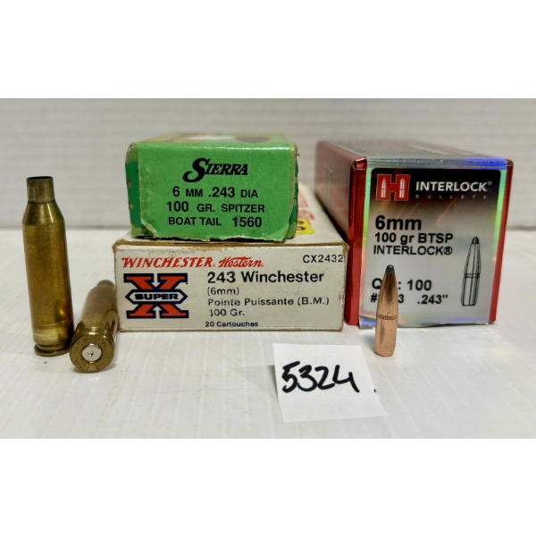 BRASS/BULLETS: 20X .243 & APPROX 100X 6 MM