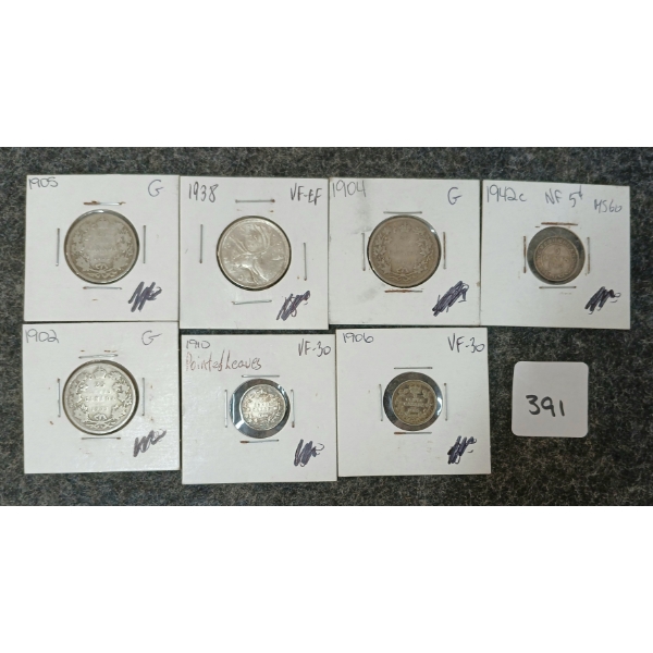 LOT OF 7 - 1902-1948 CDN & NEWFOUNDLAND 5, 10 & 25 CENT COINS