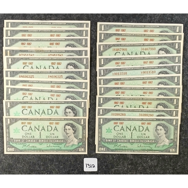LOT OF 21 - 1967 CDN $1 BANKNOTES