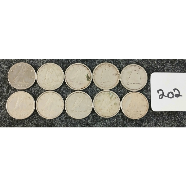 LOT OF 10 - 1959-1968 CDN 10 CENT COINS