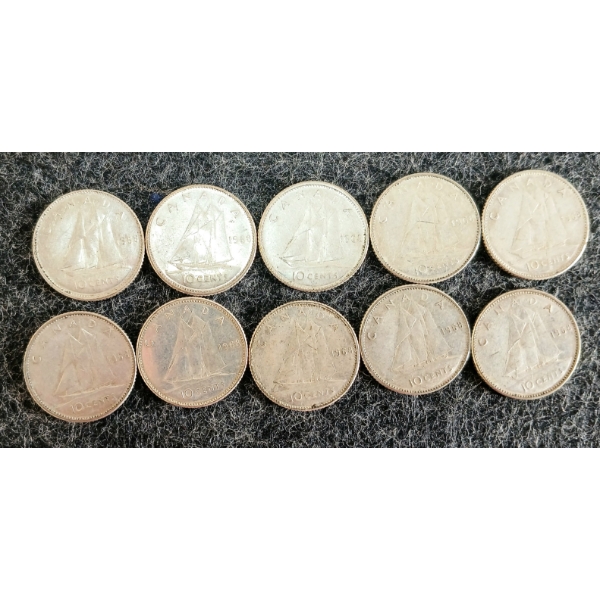 LOT OF 10 - 1968 CDN 10 CENT COINS