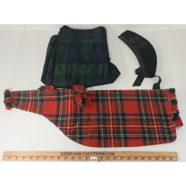 LOT OF 3 - JOHN MORRISON KILTMAKERS PANTS, ROYAL STEWART TARTAN BAGPIPE COVER & GLENGARRY BONNET
