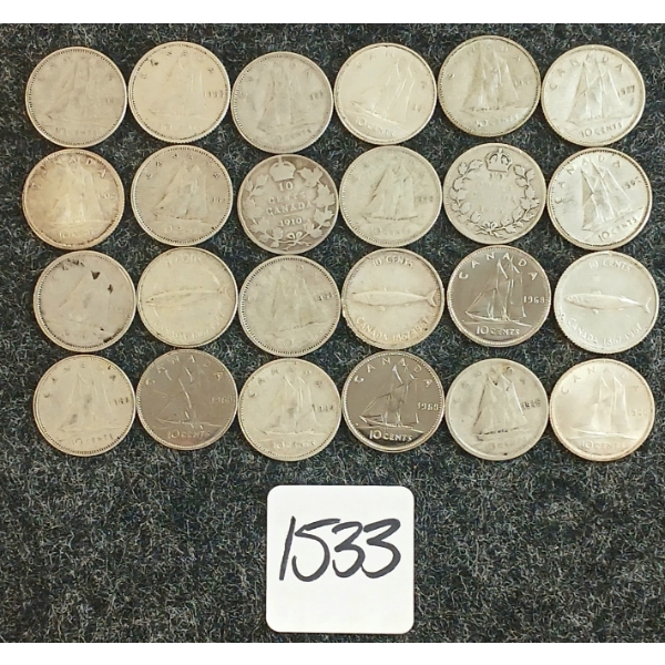 LOT OF 24 - 1910-1968 CDN 10 CENT COINS