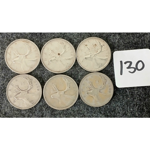 LOT OF 6 - 1950, 19652, 1956, 1962, 1965 CDN 25 CENT COINS