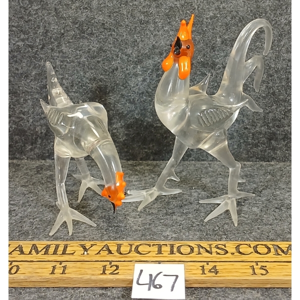 LOT OF 2 - HEN & ROOSTER GLASS FIGURES