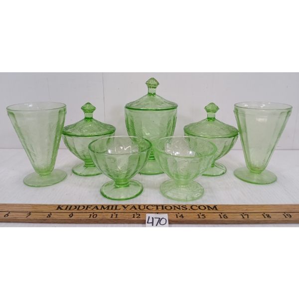 LOT OF 7 - JEANNETTE POINSETTIA URANIUM DEPRESSION GLASSWARE - CANDY DISH, PARFAIT, ETC