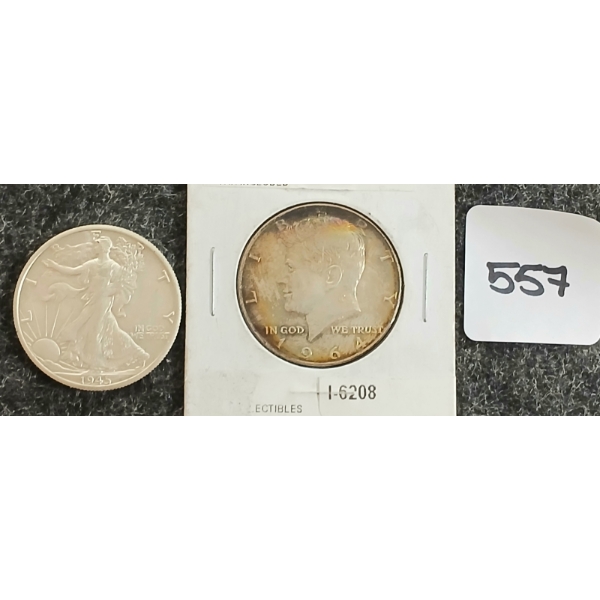 LOT OF 2 - 1945 & 1964 US HALF DOLLARS - INCL SILVER