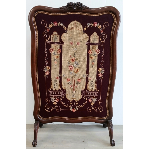 NEEDLEPOINT FIRE SCREEN - NEOCLASSICAL STYLE - MAHOGANY - C. VICTORIAN ERA