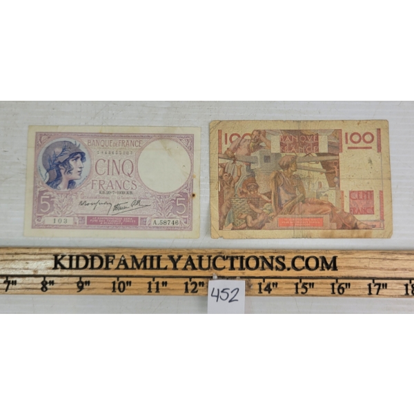 LOT OF 2 - 1939 & 1947 BANK OF FRANCE 5 & 100 FRANC BANKNOTES