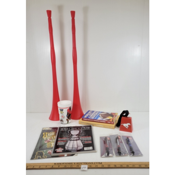 JOB LOT - CFL & FOOTBALL COLLECTIBLES - INCL 100th GREY CUP MAGAZINE, VUVUZELAS & DECAL, ETC