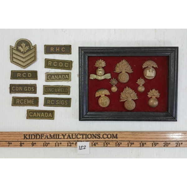 LOT OF 11 - FRAMED WWI BRITISH HAT BADGES & CDN SHOULDER TITLES