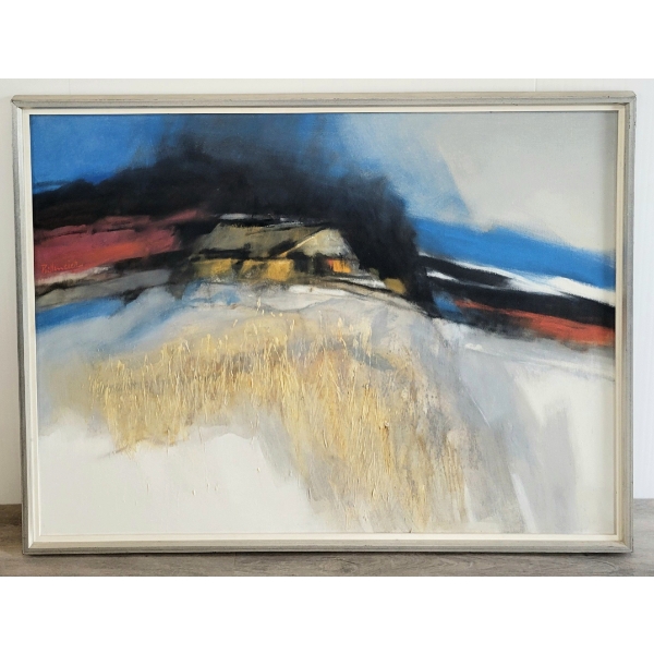 ABSTRACT WINTER HOME BY BILL MEIER (PRS CDN ARTIST) - FRAMED OIL ON CANVAS