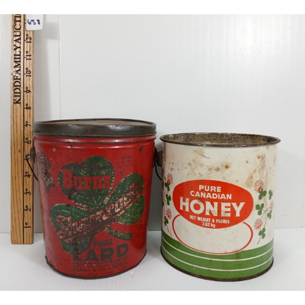 LOT OF 2 - TIN CANS - INCL PURE CANADIAN HONEY & BURNS SHAMROCK LARD