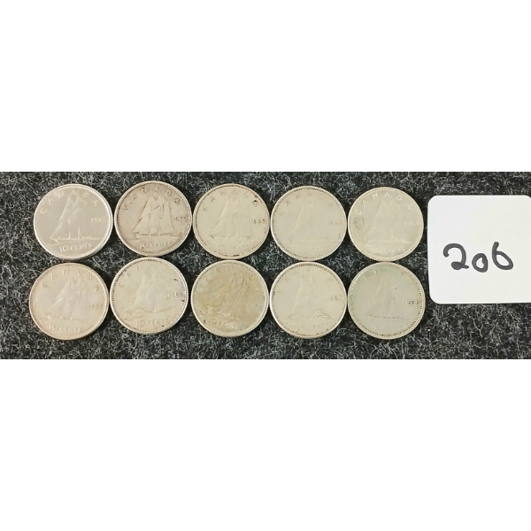 LOT OF 10 - 1963-1968 CDN 10 CENT COINS