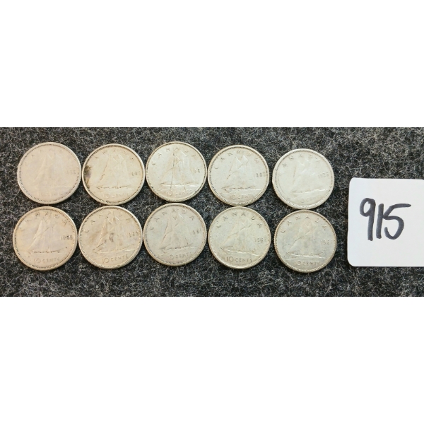 LOT OF 10 - 1955-1968 CDN 10 CENT COINS