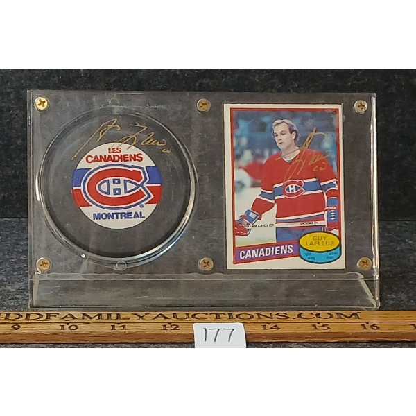 1979-1980 OPC NHL MONTREAL CANADIENS GUY LAFLEUR HOCKEY CARD & PUCK - AUTOGRAOHED