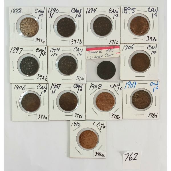 LOT OF 12 - 1888-1910 CDN LARGE CENTS