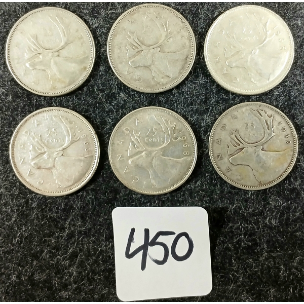 LOT OF 6 - 1942-1968 CDN 25 CENT COINS