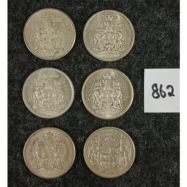 LOT OF 6 - 1957-1961 CDN 50 CENT SILVER COINS