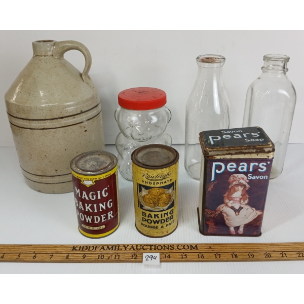 LOT OF 7 - MISC CANS & JARS - INCL FINGER JUG, DAIRY BOTTLES, PEANUT BUTTER BEAR, PEARS' SOAP, ETC