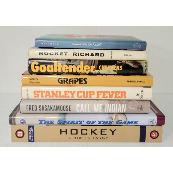 LOT OF 8 - HOCKEY BOOKS - "GOALTENDER", "GRAPES", "CALL ME INDIAN", ETC