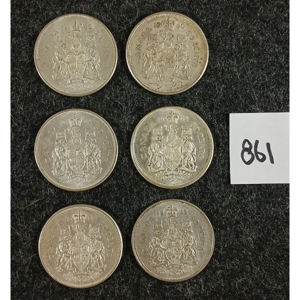 LOT OF 6 - 1960-1965 CDN 50 CENT SILVER COINS