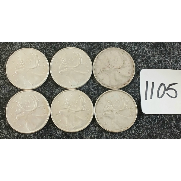 LOT OF 6 - 1965-1968 CDN 25 CENT COINS