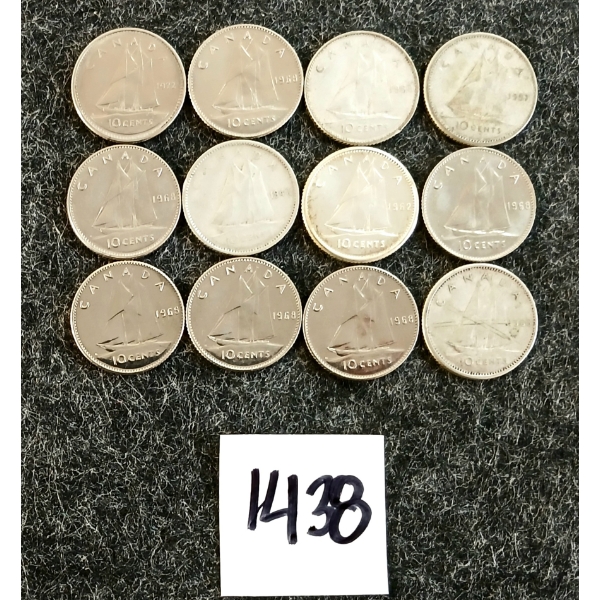 LOT OF 12 - 1947-1972 CDN 10 CENT COINS